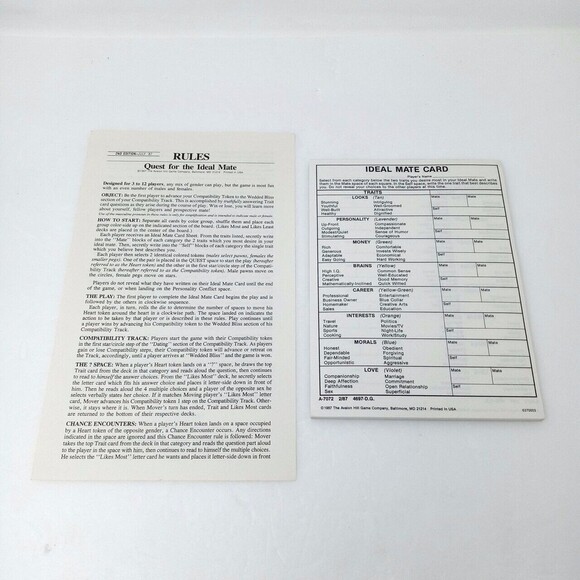QUEST FOR THE IDEAL MATE - Vintage Avalon Hill Arcana 1987 Board Game - Unplayed - Picture 10 of 10